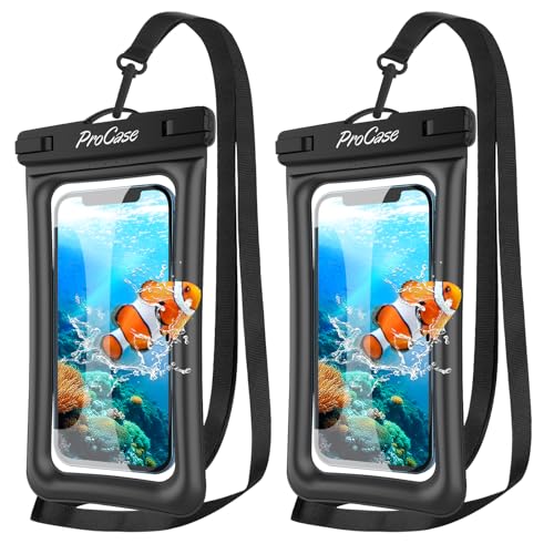 ProCase 2 Pack Floating Waterproof Phone Pouch, IPX8 Dry Bag for 7" Phones | Fits iPhone 17/16/15/14, Galaxy S24/S23 & Pixel 8/7. Touchscreen Waterproof Pouch for Swimming, Diving & Snow -Black - color: Black