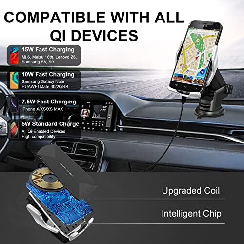 Car Phone Mount,Auto-Clamping Smart Sensor 10W Qi Fast Charging Car Front Windshield Dashboard Air Vent Phone Holder Compatible with iPhone12/12 pro max/Samsung S20/note 20 All 4.7-6.7 Inch Smartphone
