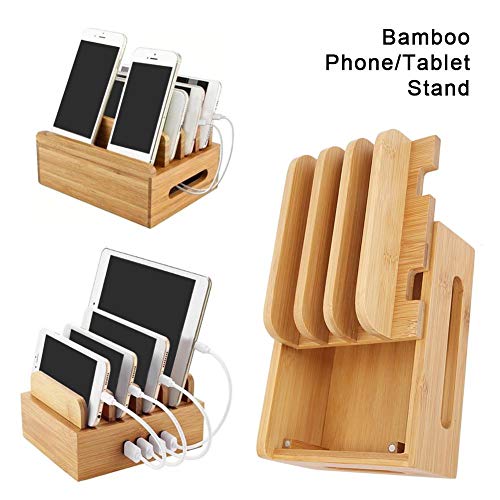 Oumefar Bamboo Multi-Device Stand Holder Charging Station Phone Tablet Charger Organizer 4 in 1 Charging Station for Multiple Devices for Meeting Rooms Restaurants Hotels and Homes