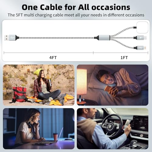 Travel Essentials 3in1 Multi Charging Cable for iPhone Watch Charger 3PK5FT - color: Light Gray&White, size: AC to C+L+iWatch