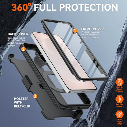 Magnetic for Samsung Galaxy S26 Ultra Case, Compatible with MagSafe, Full Body Rugged Case with Built-in Screen Protector & Kickstand & Belt-Clip (Black) - color: Black