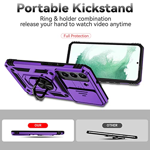 for Samsung Galaxy S22 Case with Camera Lens Cover HD Screen Protector, Dual Layer Military-Grade Drop Tested Magnetic Ring Holder Kickstand Protective Phone Case for Samsung Galaxy S22 5G (Purple) - color: Purple with camera cover Military-Grade 2nd gen
