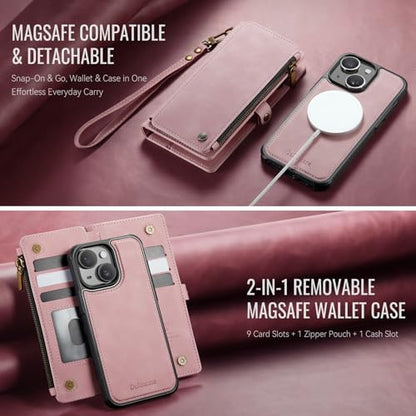 Defencase for iPhone 14 Phone Case Wallet Compatible with Magsafe, Rosepink | Magnetic Detachable, Drop-Proof Protective Wallet Cases Cover, with RFID Bolcking Card Holder, Zipper Strap, Soft PU Leather - color: (Detachable with Magsafe)-Pink