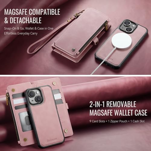 Defencase for iPhone 15 Phone Case Wallet Compatible with Magsafe, Rosepink | Magnetic Detachable, Drop-Proof Protective Wallet Cases Cover, with RFID Bolcking Card Holder, Zipper Strap, Soft PU Leather - color: (Detachable with Magsafe)-Pink
