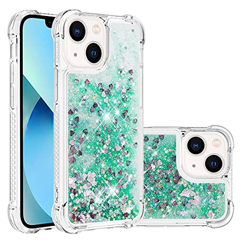 LEMAXELERS for iPhone 13 Mini Bling Glitter Liquid Case. YBL Green | Cute Floating Quicksand Liquid Shockproof Protective, Sparkle Soft TPU for Women Girls Cover for iPhone 13 Mini - color: Love-1, size: iPhone 13 Mini
