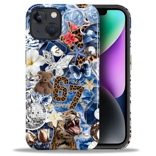 Case for iPhone 14 Plus, Cute Phone Case, Blue Leopard Collage | Hybrid 2-Layer Phone Cover，Military-Grade Protection Durable Shockproof Anti-Scratch Cases - color: Blue Leopard Collage, size: Iphone 14 Plus