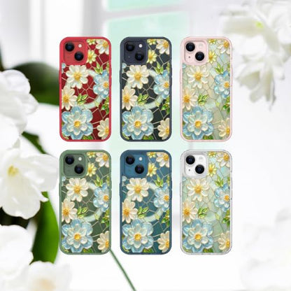 for iPhone 13 Mini 5.4" Magnetic Case【Compatible with MagSafe】 Aesthetic Oil Painting Stained Glass Flower Design, Slim Fit Hard PC Back Shockproof Cute Clear Phone Cover, White Blue - color: White Blue, size: iPhone 13 Mini