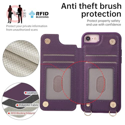 for iPhone 7/8/SE 2022/SE 2020 Wallet Case with Card Holder Slots and Strap, RFID Blocking Magnetic Flip Folio Cover, Crossbody Purse Protection Case with Kickstand,Deep Purple Diamond - color: Deep Purple Diamond, size: iPhone 7/8/SE 2022/SE 2020(6.6")