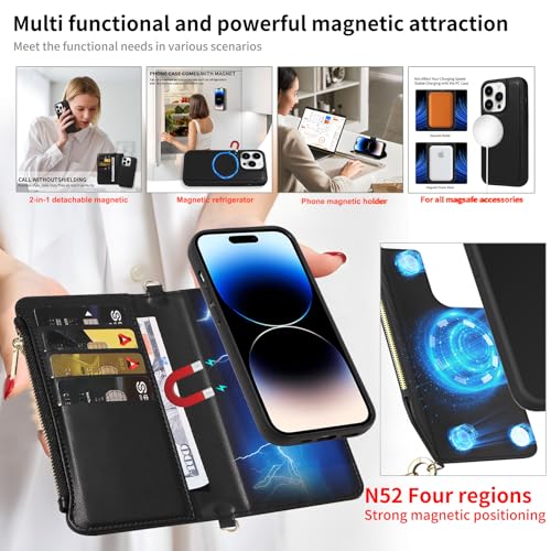 for iPhone 16 2-in-1 Magnetic Crossbody Wallet Case + Wrist Strap | Wireless Charging After Wallet Removal, Detachable Crossbody/Wrist Straps, Landscape Stand, Card Holder and Zipper Pocket - color: Black, size: iPhone 16