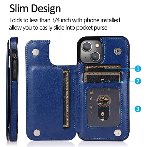 uCOLOR for iPhone 13/14 Wallet Case with Card Holder Navy Flowers | PU Leather RFID Blocking for Women Men Magnetic Clasp Kickstand 6.1 - color: Navy Flowers