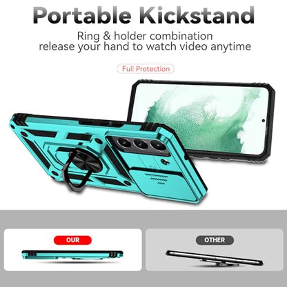 for Samsung Galaxy S22 Case with Camera Lens Cover HD Screen Protector, Dual Layer Military-Grade Drop Tested Magnetic Ring Holder Kickstand Protective Phone Case for Samsung Galaxy S22 5G (Mint) - color: Mint with camera cover Military-Grade 2nd gen
