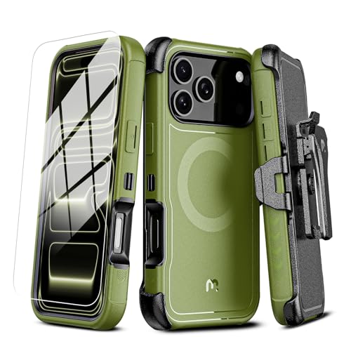 M MYBAT PRO for iPhone 17 Pro Case with Belt Clip Holster,[Compatible with Magsafe] w/Screen Protector,Anti-Drop,Shockproof,w 360°Rotating Kickstand,Heavy Duty Protection (Army Green) - color: Army Green
