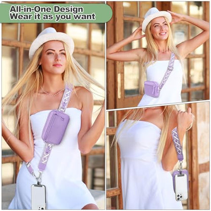 YFWE Clip and Go Strap for Phone with Wallet Crossbody, Adjustable Phone Lanyard with Detachable RFID Wristlet Wallet, Pattern Strap, Purple (M) - color: Purple-pattern Strap, size: Medium