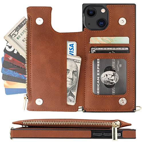 Bocasal Crossbody Wallet Case with Strap for iPhone 13/14, Brown | RFID Blocking Card Slot Holder, Magnetic Flip Folio Purse Case, PU Leather Zipper Handbag Detachable Lanyard Strap 6.1 Inch - color: Brown