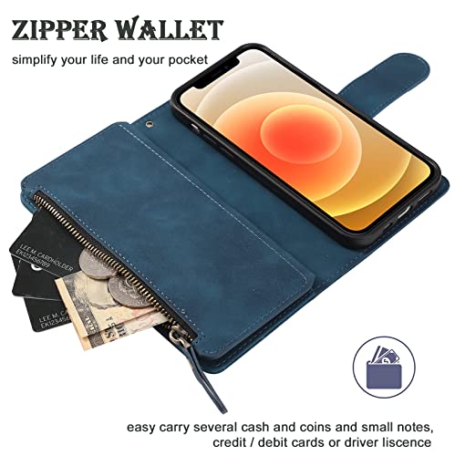 RANYOK Wallet Case Compatible with iPhone 13/14 (6.1 inch), Premium PU Leather Zipper Flip Folio Wallet RFID Blocking with Wrist Strap Magnetic Closure Built-in Kickstand Protective Case (Blue) - color: Blue
