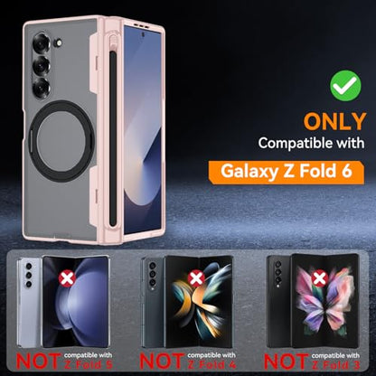 Upgraded 360° Spin Magnetic Invisible Ring Stand for Samsung Galaxy Z Fold 6 Case,[Compatible with MagSafe][S Pen Holder][Hinge Protection][Screen Protector],Shockproof Full Body Phone Cover (Pink) - color: Pink