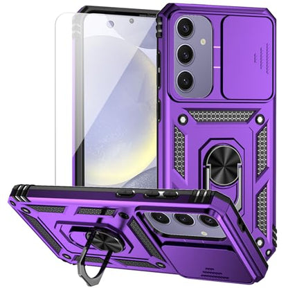 for Samsung Galaxy S24 FE Case with Camera Lens Cover HD Screen Protector, Dual Layer Military-Grade Drop Tested Magnetic Ring Holder Kickstand Protective Phone Case for Galaxy S24 FE (Purple) - color: Purple with camera cover Military-Grade 2nd gen