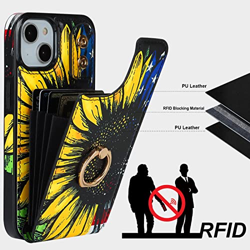 HAOPINSH for iPhone 13/ iPhone 14 Wallet Case with Card Holder, 360°Rotation Ring Kickstand, American Flag Sunflowers Pattern, RFID Blocking Leather for Girls Women, Double Buttons Flip Cover 6.1" - color: American Flag Sunflowers
