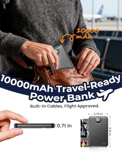 Portable Charger 10000mAh with 4 Built-in Cables 40% Smaller (Ebony)