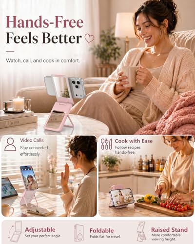 5-in-1 Magnetic Wireless Power Bank, 5000mAh Portable Charger with Mirror, Stand, Bluetooth Remote & Card Holder, MagSafe Compatible Travel Essential for iPhone&Samsung, USB-C Cable Included, Pink