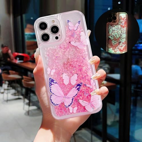 Compatible with iPhone 15 Pro Max Glitter Butterfly Case Glow in The Dark Women Girls Girly Bling Sparkle Flowing Quicksand Light up Case Soft TPU Bumper Luminous Clear Phone Cover, Pink - color: Pink, size: iPhone 15 Pro Max