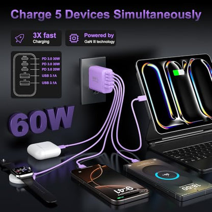 USB C Charger Block Fast Charging,60W Phone Charger USBC Wall Plug Adapter - color: Purple-2Pack