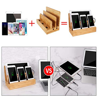Bamboo Wood Multi-Device Desktop Charging Dock Station Charger Holder Cradle Stand Compatible for iPhone 16 15 14 13 12 11 Pro Max iPad mini Pro Air Laptop Tablets Samsung LG Sony Smartphones - color: Large