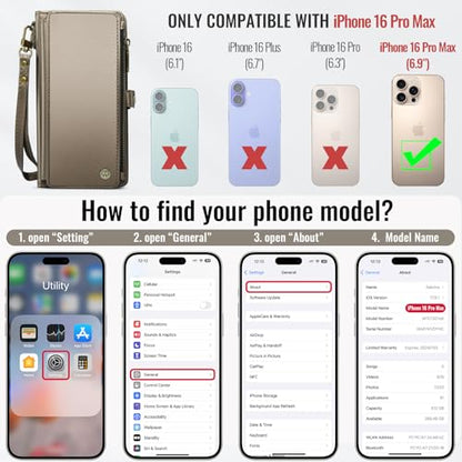 Defencase for iPhone 16 Pro Max Wallet Case with RFID Card Holder, Titanium | Durable Soft PU Leather, with Zipper Pocket, Wrist Strap, Fashion Snap Flip Phone Cases Cover with Stand for Women and Men - color: Desert Titanium