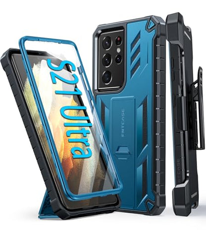 FNTCASE for Samsung Galaxy S21 Ultra Case with Belt Clip and Kickstand Blue | Built-in Screen Protector, Military-Grade Drop Protection, Rugged Heavy Duty Shockproof Holster Protective Cover - color: Blue