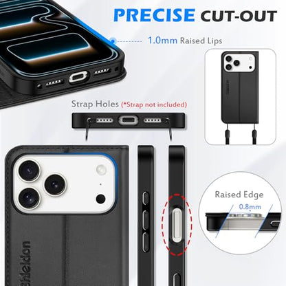SHIELDON Genuine Leather Wallet Case for iPhone 17 Pro Max 6.9" 2025, Black | Flip Magnetic Cover, Kickstand, RFID Blocking, 3 Credit Card Holder, Book Design, Shockproof, Soft Inner Phone Case - color: Black