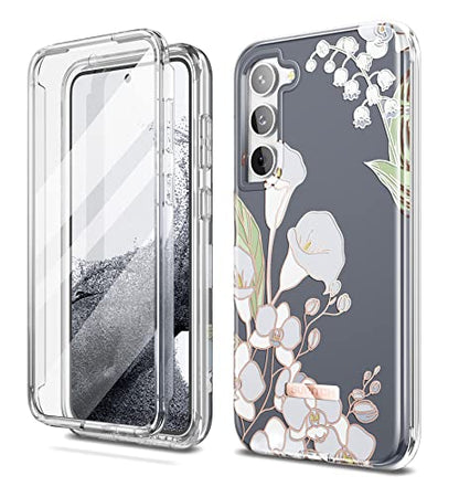 SURITCH for Samsung Galaxy S23 Plus Case, [Built-in Screen Protector] [Dual-Layer Protection ] Full Protection Shockproof Rugged Bumper Phone Cover for Samsung S23 Plus 6.6 Inch - White Calla Lily - color: White Calla Lily