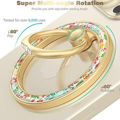 Doflyesky Magnetic Phone Ring Holder for iPhone, 360 Degree Rotation Floral Phone Grip Finger Ring Kickstand for iPhone 16 15 14 13 12 Pro Max Plus MagSafe Case, Android Phone, Gold
