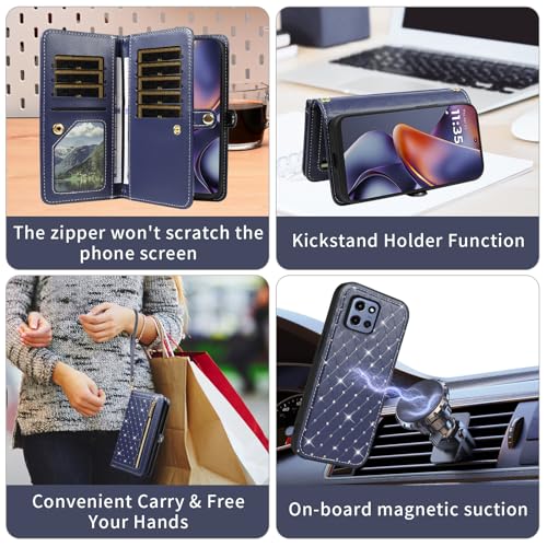 Phone Case for Motorola Moto G 5G 2025 Zipper Wallet Detachable Magnetic Cell Cover with Crossbody Lanyard Strap Bling Glitter Flip Credit Card Holder Slots G5G 5 G G5 Women Men Girls Dark Blue - color: Dark Blue