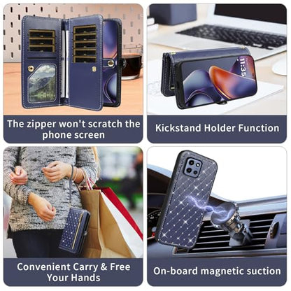 Phone Case for Motorola Moto G 5G 2025 Zipper Wallet Detachable Magnetic Cell Cover with Crossbody Lanyard Strap Bling Glitter Flip Credit Card Holder Slots G5G 5 G G5 Women Men Girls Dark Blue - color: Dark Blue