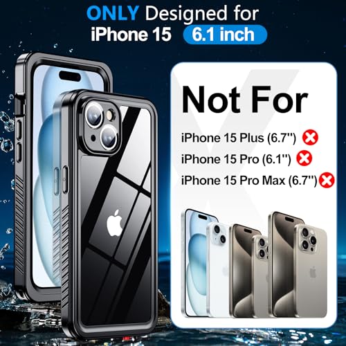 MOZOTER for iPhone 15 Case Waterproof with Clear Sound | [IPX8 Underwater Case][Full Body Shockproof & Dropproof]Built-in Screen Protector for iPhone 15 6.1 inch-Black - size: For iPhone 15-6.1"