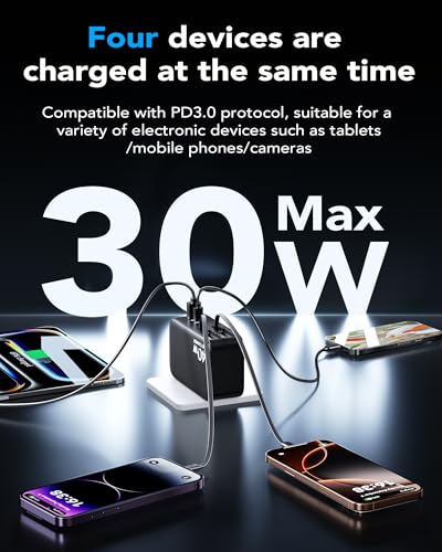 4-in-1 Retractable USB C Wall Charger,40W Fast Charging for Multi-Device - color: Black