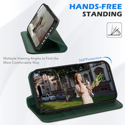 SHIELDON Genuine Leather Wallet Case for iPhone Air 6.5" 2025, Evergreen | RFID Blocking, Credit Card Holder, Magnetic Closure, Kickstand, Folio Design, Shockproof Phone Cover - color: Evergreen