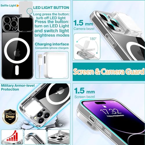 Magnetic Case for iPhone 13 Pro Max Case with LED Built-in Light-Up Selfie Light Rechargeable for TIK Tok/Stream/Makeup/Live/Video- Selfie (2 Models, 3 Level Brightness) Crystal Clear - size: Magnetic Case for iPhone 13 Pro Max