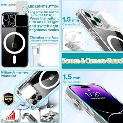 Magnetic Case for iPhone 13 Pro Max Case with LED Built-in Light-Up Selfie Light Rechargeable for TIK Tok/Stream/Makeup/Live/Video- Selfie (2 Models, 3 Level Brightness) Crystal Clear - size: Magnetic Case for iPhone 13 Pro Max