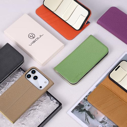 VISOUL Pebbled Leather Wallet Case for iPhone 17 Pro Max 6.9" 2025, Genuine Leather Flip Folio Cover with RFID Blocking Card Holders, Kickstand, Soft TPU Protective Flip Cover -Green+Milky White - color: Green+Milky White