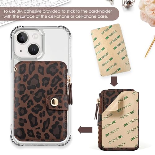 M-Plateau RFID Blocking Phone Wallet Stick on Leopard Print With Sticker | Wallet for Women Card Holder for Phone case with Snap Closure Zipper Pocket 6 Card Slots (Compatible with Most Smartphones) - color: Leopard