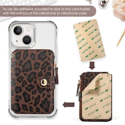 M-Plateau RFID Blocking Phone Wallet Stick on Leopard Print With Sticker | Wallet for Women Card Holder for Phone case with Snap Closure Zipper Pocket 6 Card Slots (Compatible with Most Smartphones) - color: Leopard