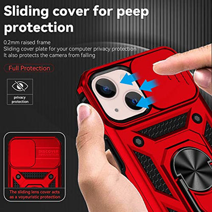 for iPhone 13 Case with Camera Lens Cover HD Screen Protector, Dual Layer [15 FT Military Grade Drop Protection] Magnetic Ring Holder Kickstand Protective Phone Case for iPhone 13 6.1 inch (Red) - color: Red with camera cover Military-Grade 2nd gen