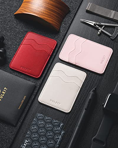 VULKIT Stick on Card Holder Compatible for iphone Leather Cell Phone Wallet Credit Card Case Strong Sticker for Women - color: Red