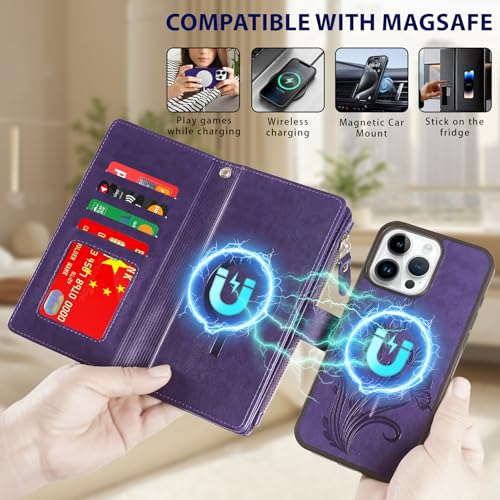 for iPhone 16e/17e Case Wallet,Compatible with MagSafe Magnetic 2 in 1 Magnetic Detachable PU Leather RFID Blocking Wallet Cover Card Holder Zipper Wrist Strap Lanyard,Floral Purple - color: Purple