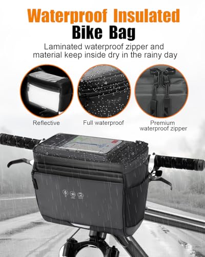 Bike Handlebar Insulated Bag, Waterproof Mountain Bike Crossbar Front Bike Phone Bag Cooler Storage Pouch with TPU Touch Screen Insulation for Outdoor Hiking Travel 4L