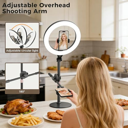 LULED 11" Desk Ring Light, Ring Light with Tripod Stand, Overhead Phone Mount for Video Recording & Tripod for Cooking, Live Streaming TikTok & YouTube, with Bluetooth Remote Compatible with iPhone