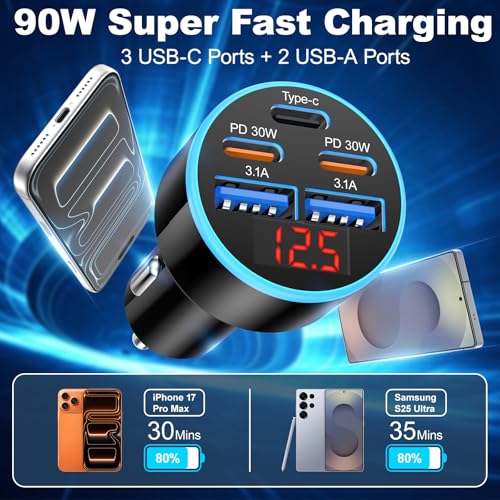 90W USB C Car Charger Adapter with Voltmeter,5-Port USB C Cigarette Lighter - size: 1-Pack