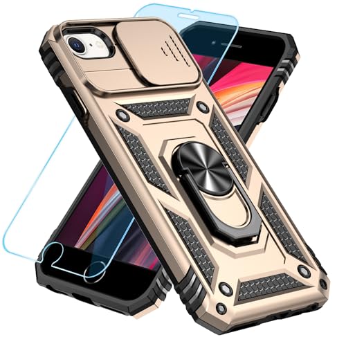 SunStory Compatible with iPhone SE 2022/2020/3rd/2rd / 6/7/8 Case with HD Screen Protector & Slide Camera Cover & Kickstand, [Military-Grade] Phone Case for iPhone SE 2020/2022/6/7/8 (Golden) - color: Golden