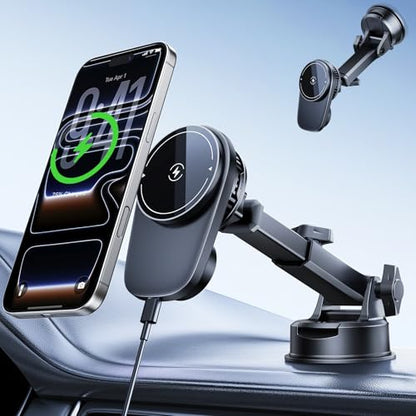 Wireless Magnetic Car Phone Holder Mount with Cooling Fan & RGB Lights, 15W Fast Charging Auto-Rotate Suction Cup Charger for iPhone 17/16/15/14/13 S25 Samsung, Car Dashboard/Windshield Mount - size: Suction cup